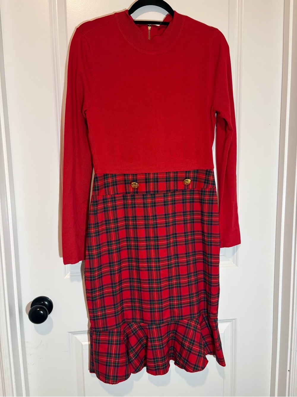 VENUS Red Long-Sleeve Midi Dress with Red Tartan Plaid Skirt